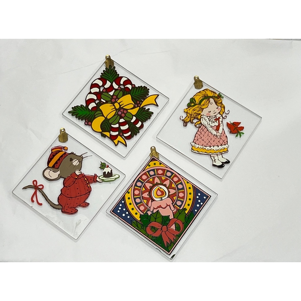 Vintage 1980 Current Glass Christmas Ornaments 2.5" Square with Metal Hanger